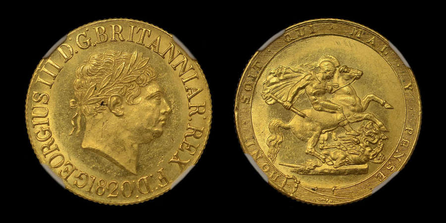 GEORGE III, 1820 GOLD SOVEREIGN, OPEN 2 IN LARGE NEAT DATE (R2), MS63