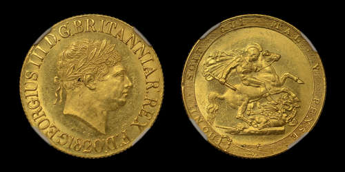GEORGE III, 1820 GOLD SOVEREIGN, OPEN 2 IN LARGE NEAT DATE (R2), MS63