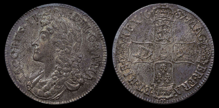 JAMES II, 1687 SILVER CROWN, SECOND ISSUE BUST TERTIO EDGE PCGS MS 62