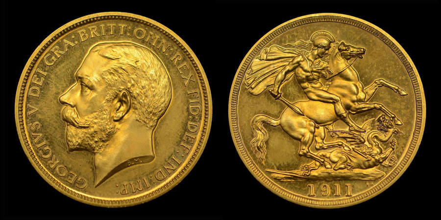 GEORGE V, 1911 GOLD PROOF TWO POUNDS, CORONATION ISSUE, PF 62