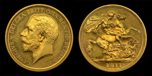 GEORGE V, 1911 GOLD PROOF TWO POUNDS, CORONATION ISSUE, PF 62