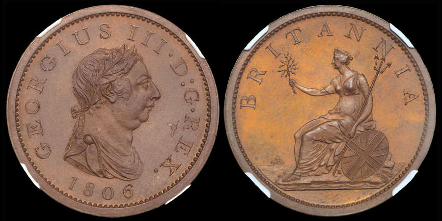 GEORGE III, 1806 BRONZED PROOF PENNY, SOHO MINT PF 64 BN