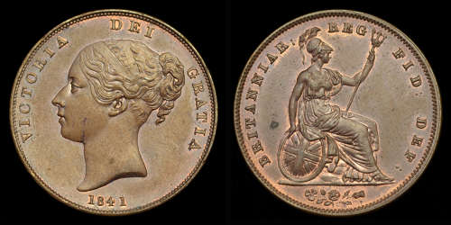 VICTORIA, 1841, NO COLON AFTER REG, YOUNG HEAD COPPER PENNY, MS 63 BN