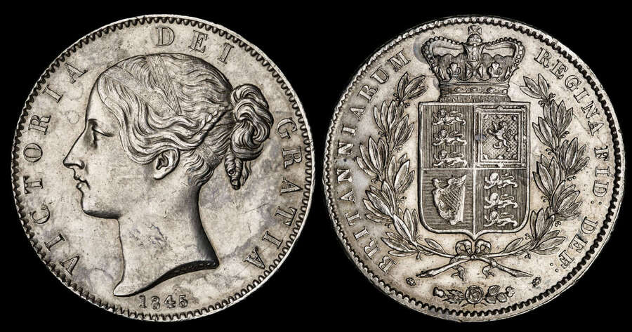 VICTORIA, 1845 YOUNG HEAD CROWN, EDGE YEAR VIII, CINQUEFOIL STOPS