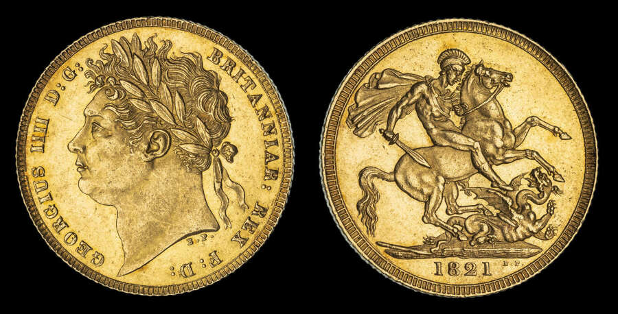 GEORGE IV, 1821 GOLD SOVEREIGN, FIRST DATE FOR THE REIGN, MS 63