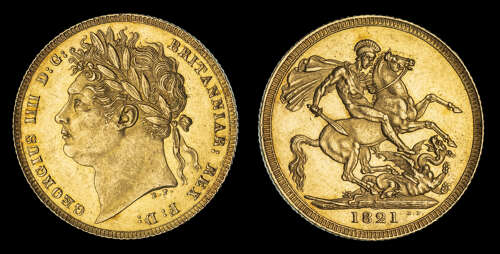 GEORGE IV, 1821 GOLD SOVEREIGN, FIRST DATE FOR THE REIGN, MS 63