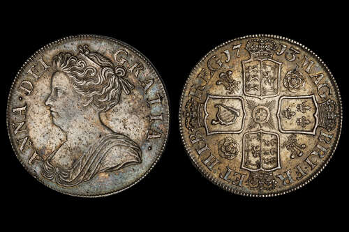 QUEEN ANNE, 1713 SILVER CROWN, AU58