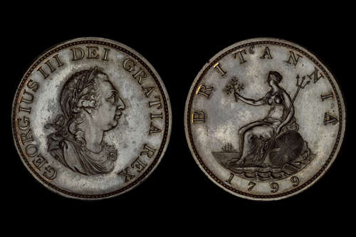 GEORGE III, 1799 BRONZED PROOF HALFPENNY, PF 62 BN