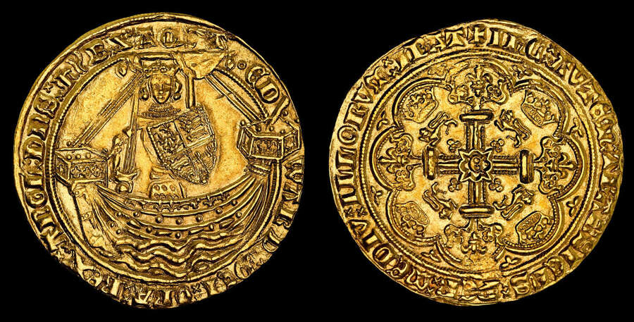 EDWARD III, GOLD NOBLE, FOURTH COINAGE, TREATY PERIOD, SERIES B, MS 62