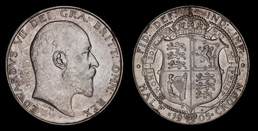 EDWARD VII, 1905 SILVER HALFCROWN, AU58, *THE RAREST DATE*