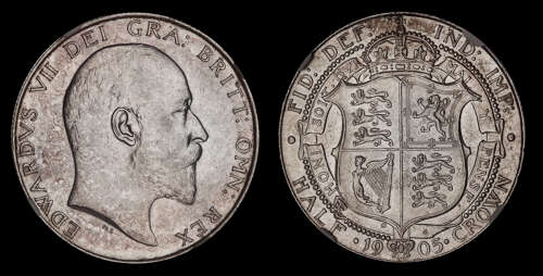 EDWARD VII, 1905 SILVER HALFCROWN, AU58, *THE RAREST DATE*