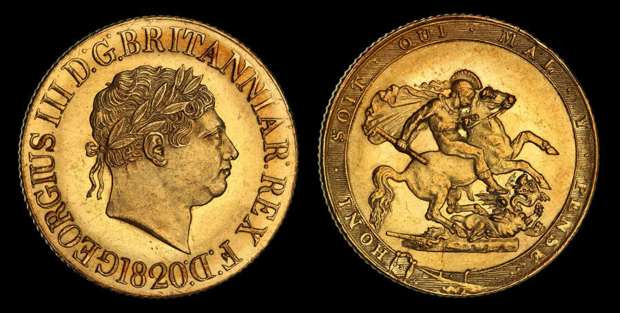GEORGE III, 1820 GOLD SOVEREIGN, OPEN 2 IN DATE, FINAL YEAR FOR REIGN ISSUE, MS 63