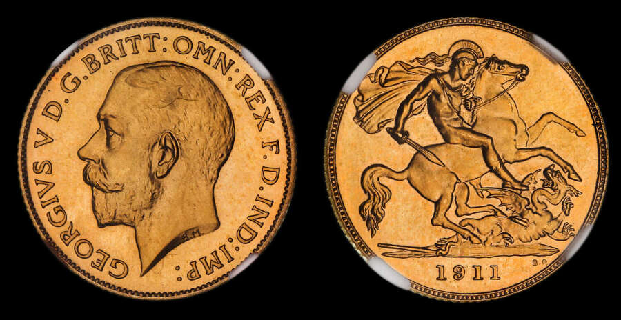 GEORGE V, 1911 GOLD PROOF HALF-SOVEREIGN, PF 66