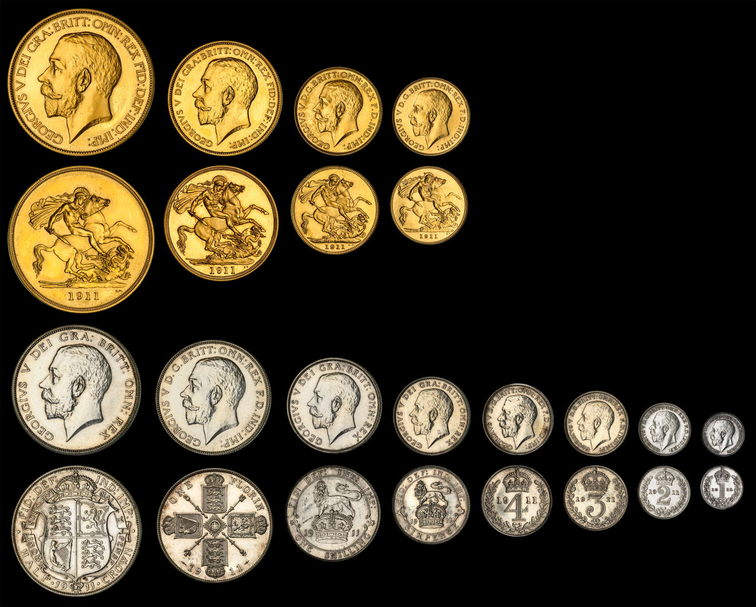 GEORGE V, 1911 GOLD PROOF LONG SET, CORONATION YEAR ISSUE, NGC PF 66 - PF 64