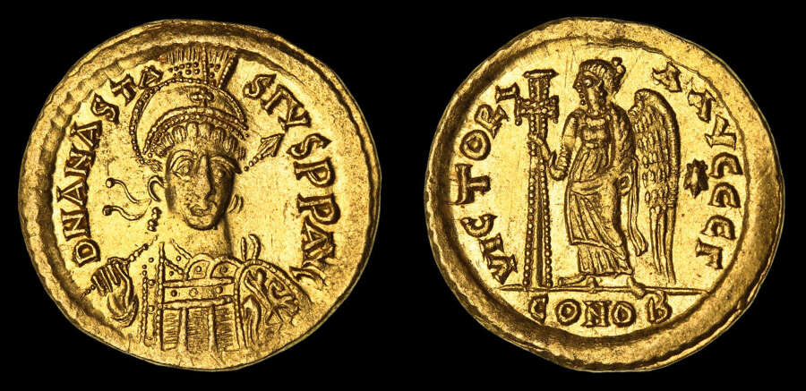 ANASTASIUS I, GOLD SOLIDUS, NGC MINT STATE (MS)