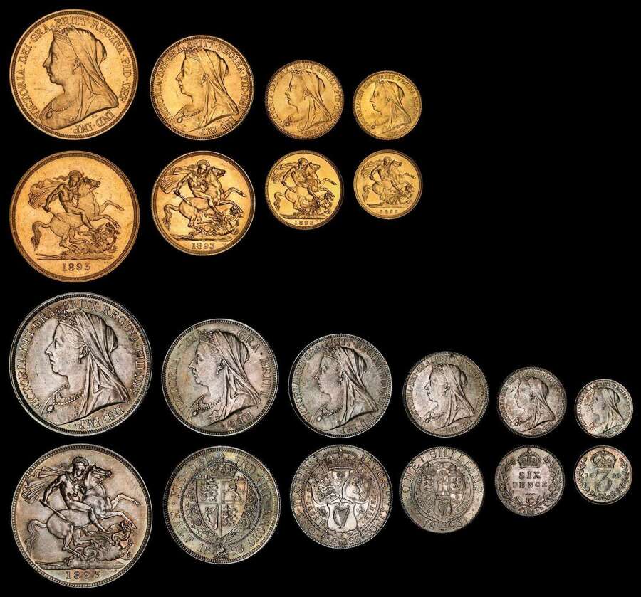 VICTORIA, 1893 DIAMOND JUBILEE SPECIMEN SET, GOLD FIVE POUNDS - 3D MS 63- MS 63+