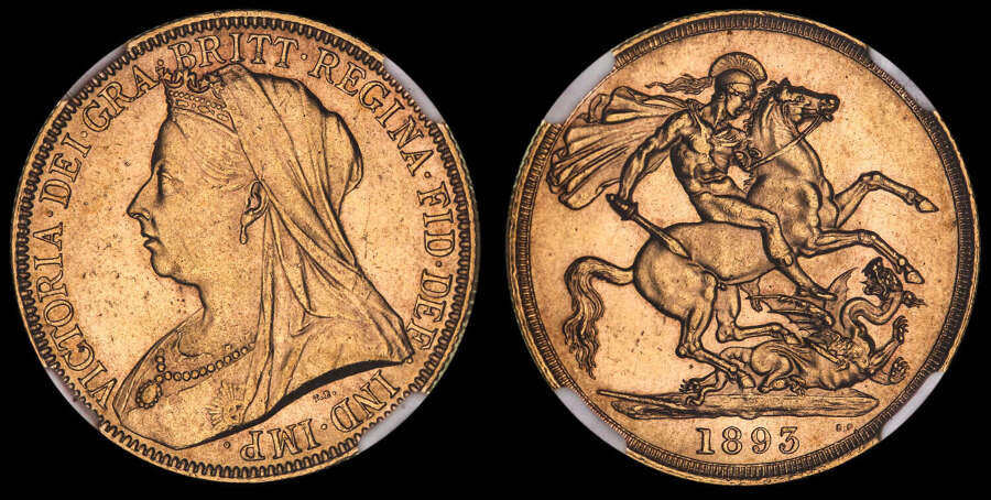 VICTORIA 1893 GOLD TWO POUNDS, GRADED MS 63