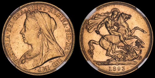 VICTORIA 1893 GOLD TWO POUNDS, GRADED MS 63